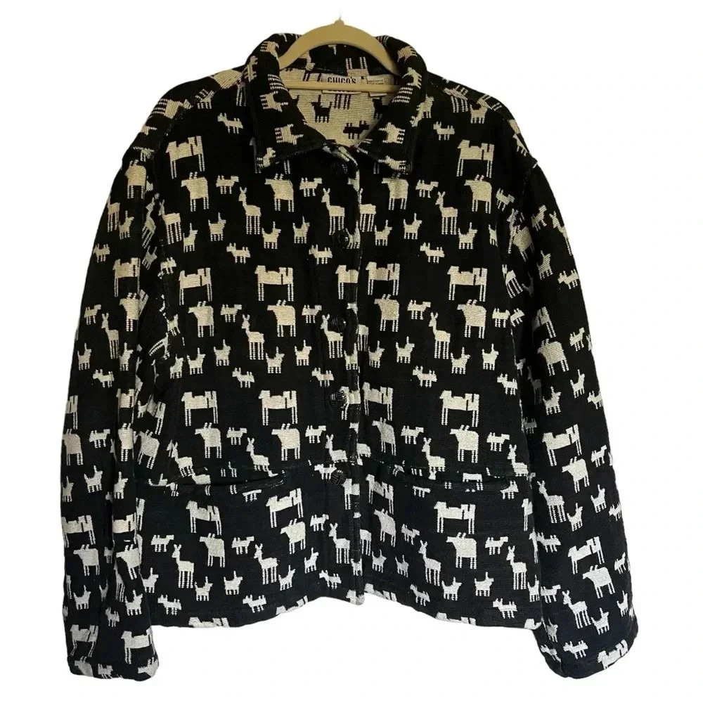 Chico’s Vintage Black Cream Llama Print‎ Cotton Jacket Size Large